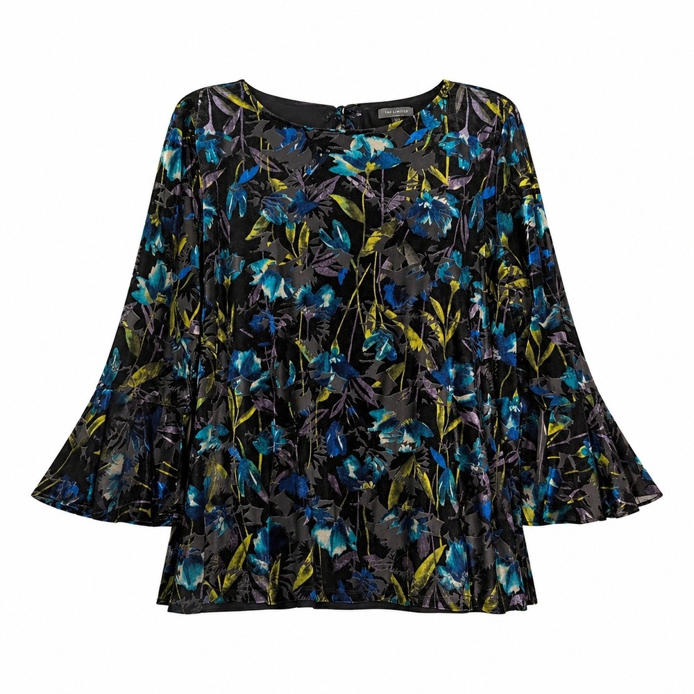 The Limited Womens Black Floral Velvet Burnout Bell Sleeve Tie Neck Top Size 2X